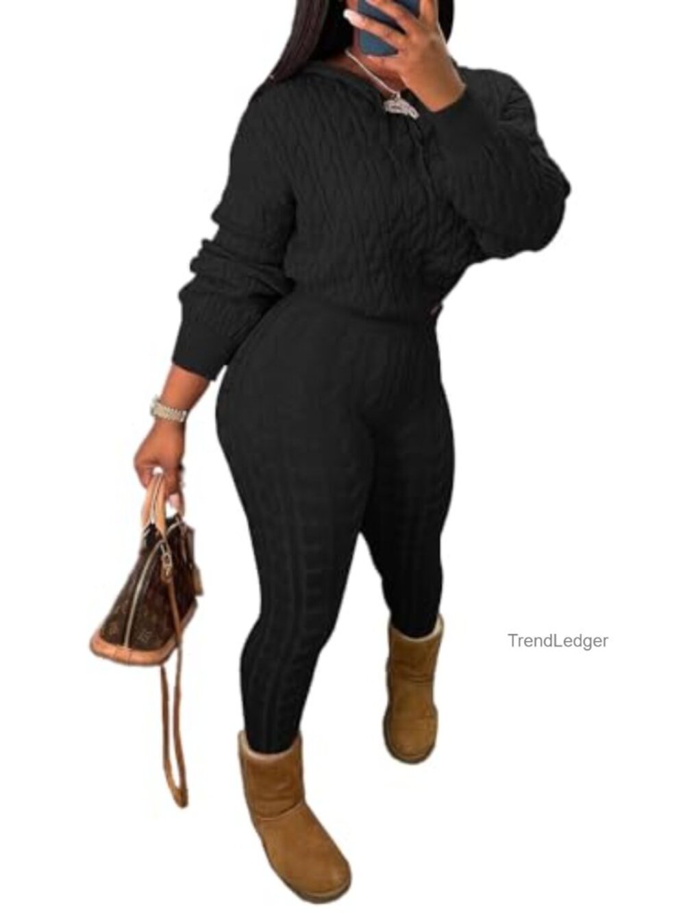 Knit Two Piece Outfit Set Women Long Sleeve Hoodie Sweater Pants Casual